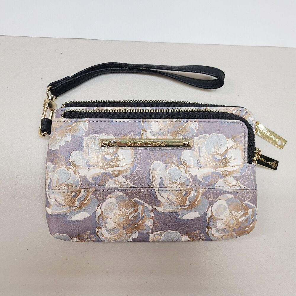 Betsey Johnson Floral Double Zip Wristlet Clutch Wallet Lavender Gold Elegant